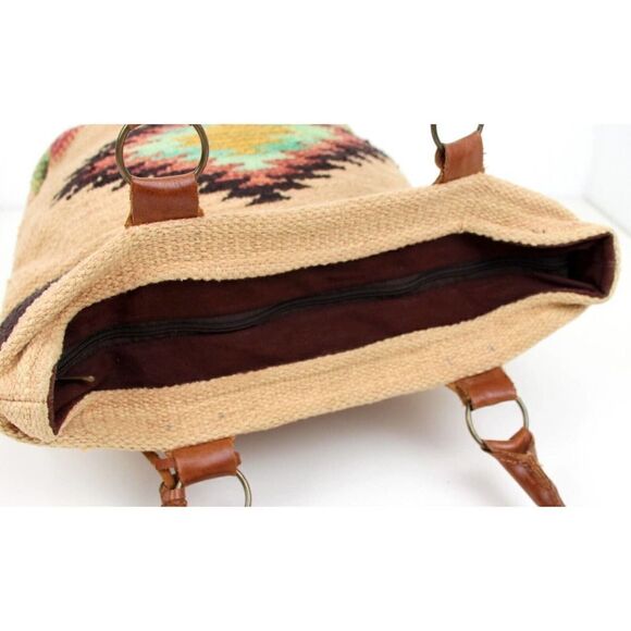 CROSSTREE LANE MULTICOLOR COTTON BROWN LEATHER HANDLES ZIP SHOULDER BAG HANDBAG - Picture 13 of 15